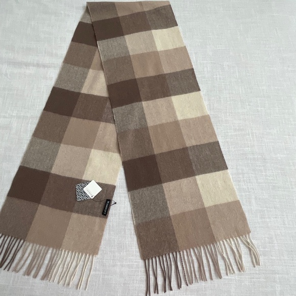 Wamsoft Wool Beige Tan Cream Plaid Fringed Scarf 12”x80”NWT - Picture 2 of 10